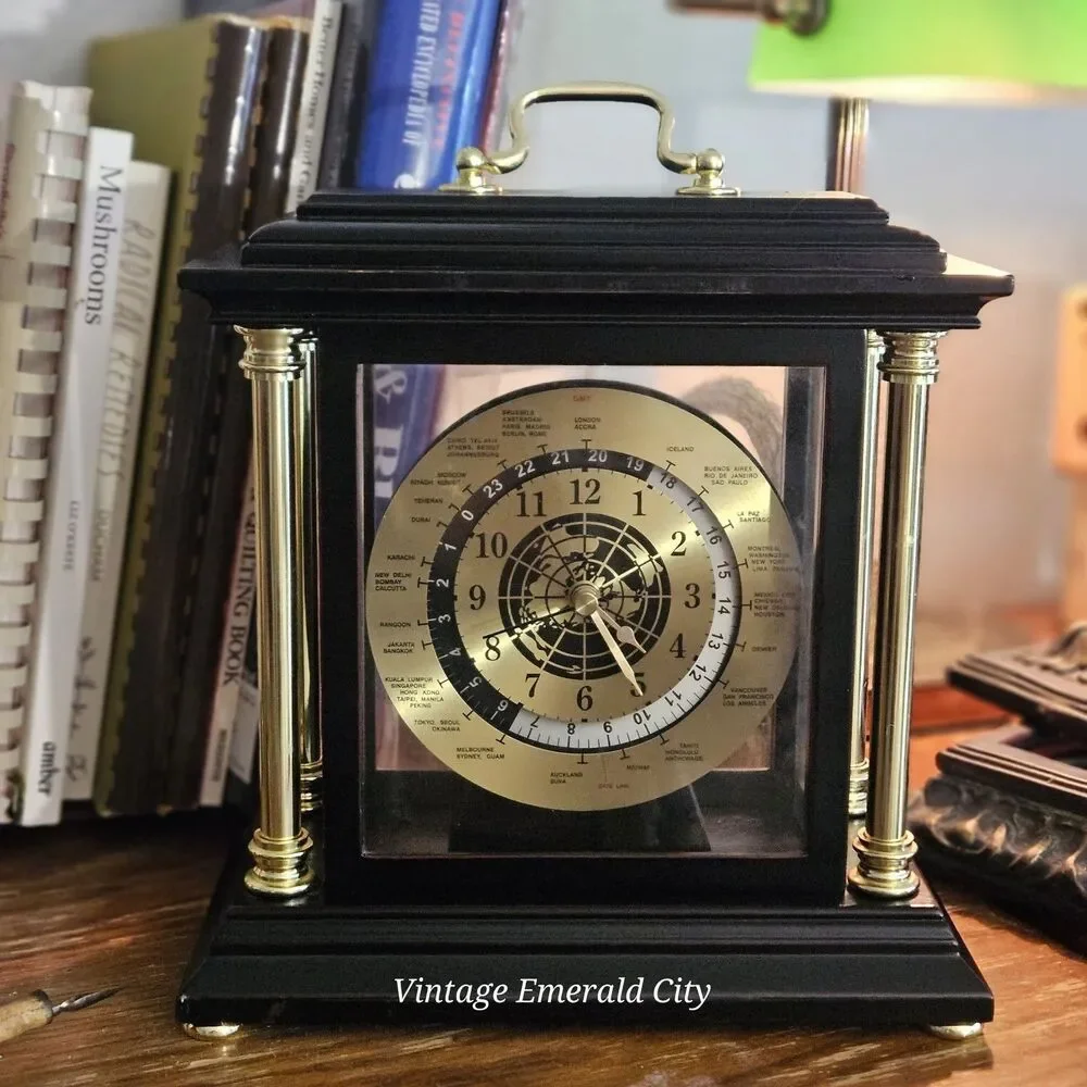 Bombay Analog Desk Clock Black Gold Arabic Numerals Wood Glass Battery Operated
